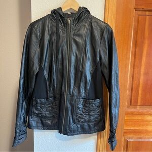 XCVI Women’s Black Leather Hooded Jacket Size L Zip Front Moto Stretch Panels